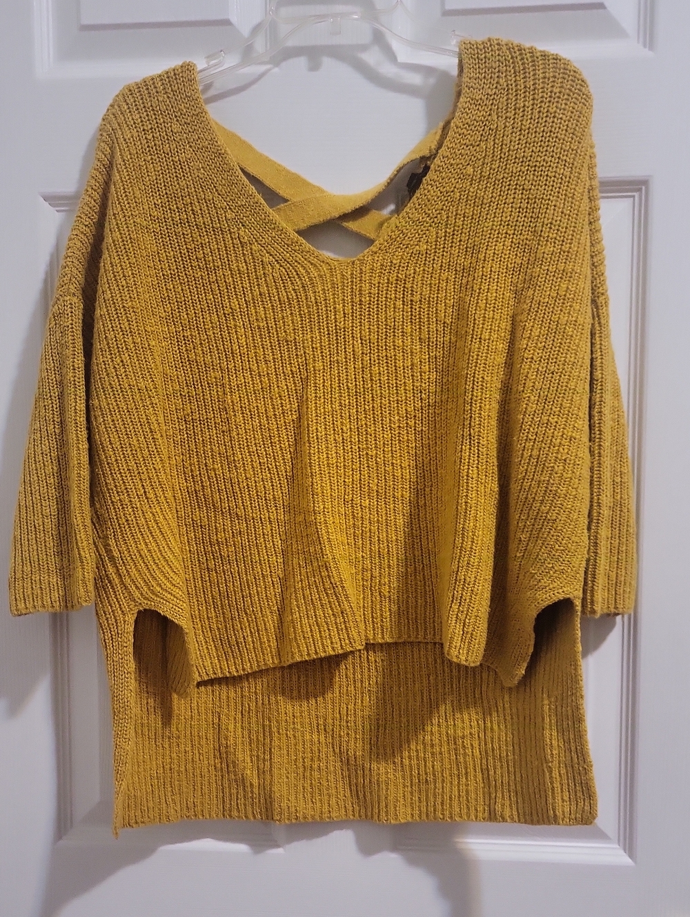 Express Mustard Yellow V-Neck Knit Sweater with Back Strap